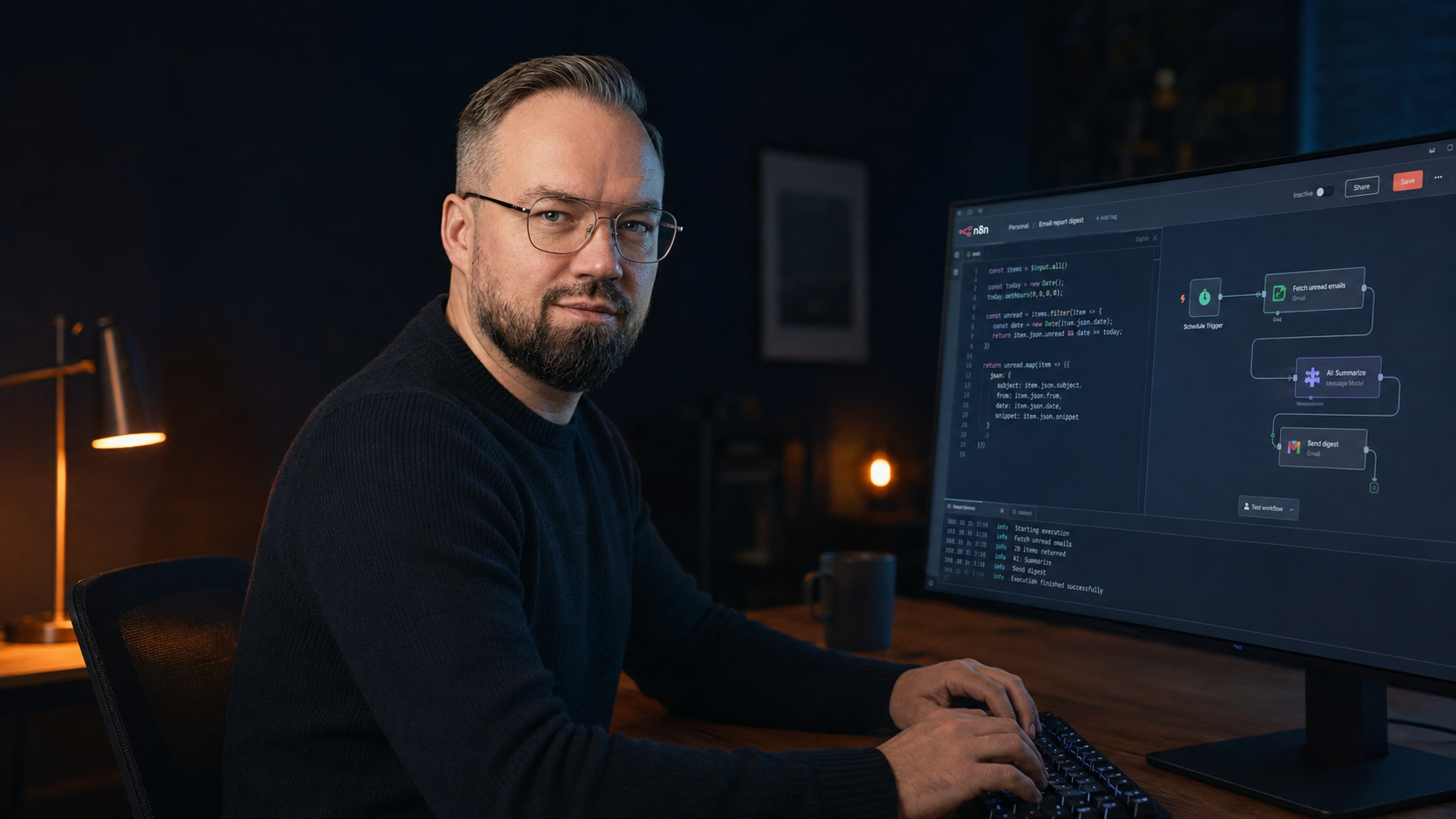 Kamil Wojciechowski przy biurku, monitor z kodem n8n flow
