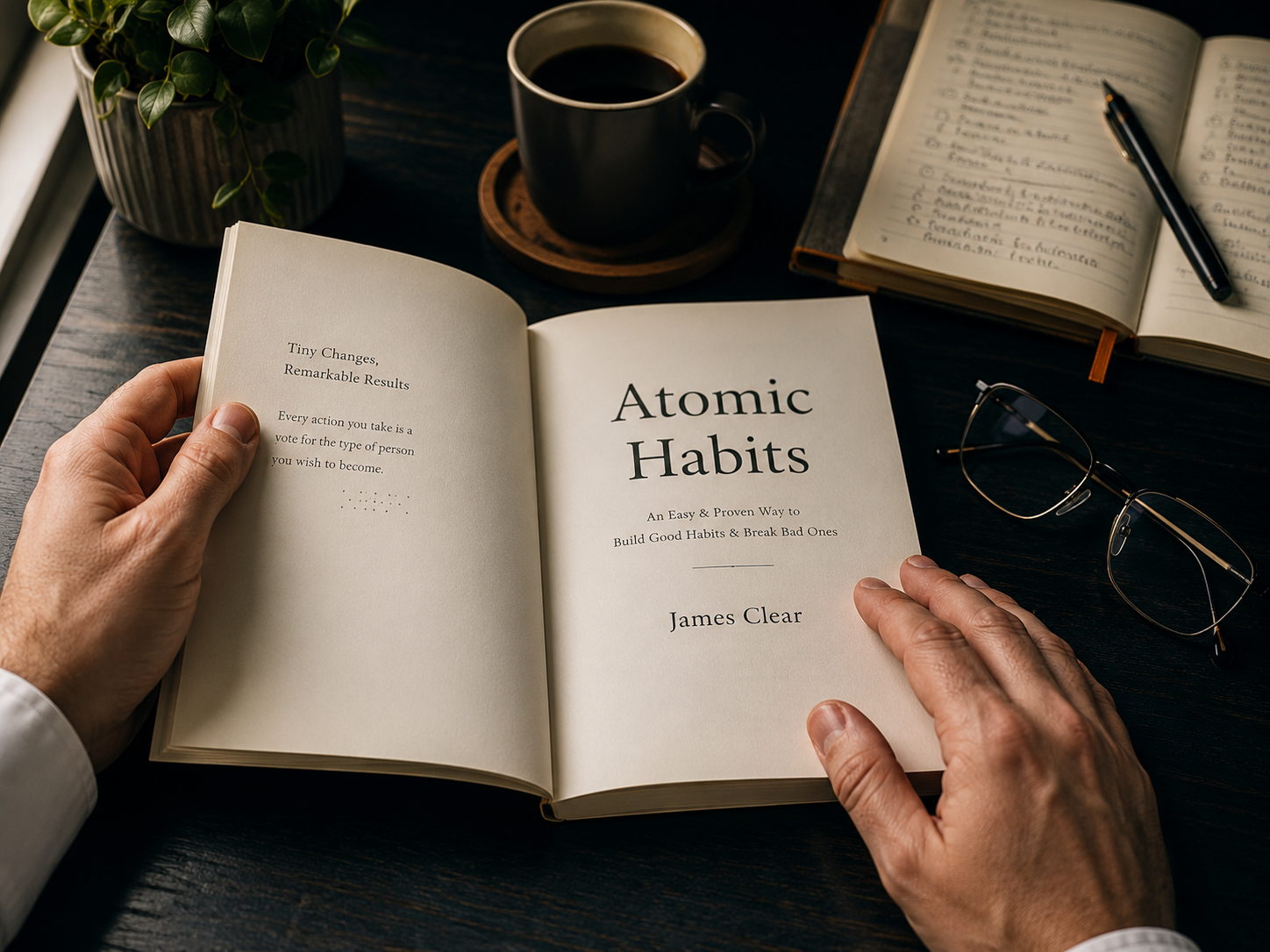 Atomic Habits Jamesa Cleara, otwarta książka, kawa i notes